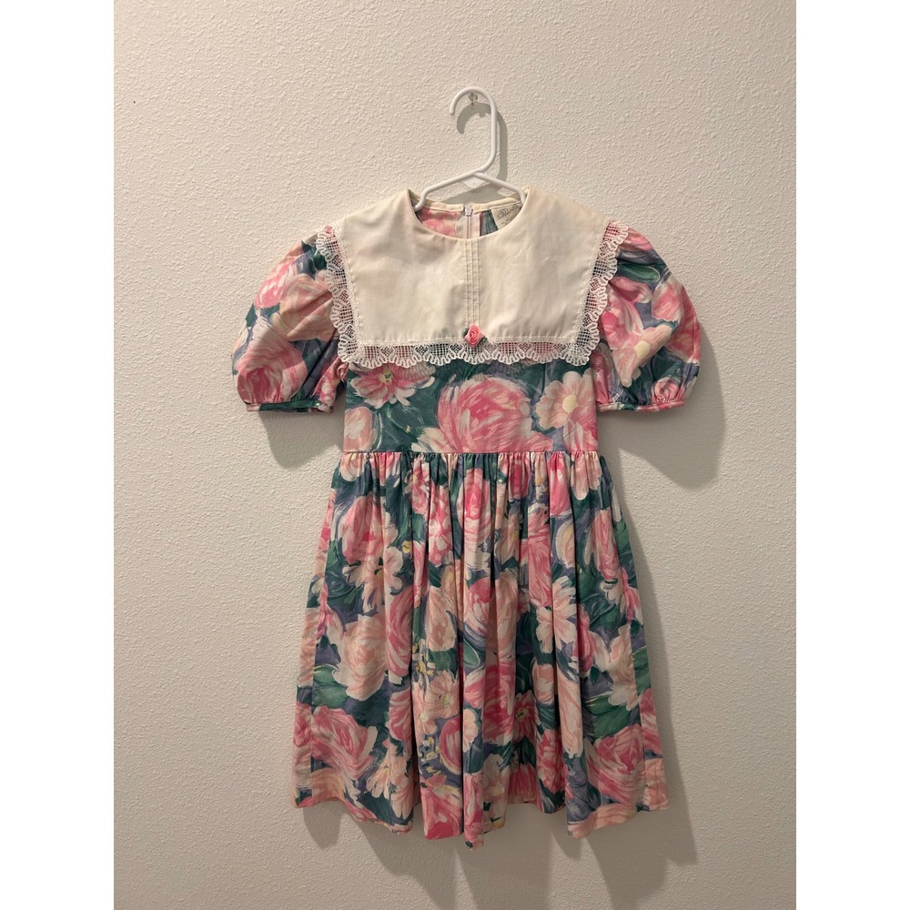 Rare Editions Vintage Girls Floral Dress Pink Teal Lace Bib Collar Size 7 USA